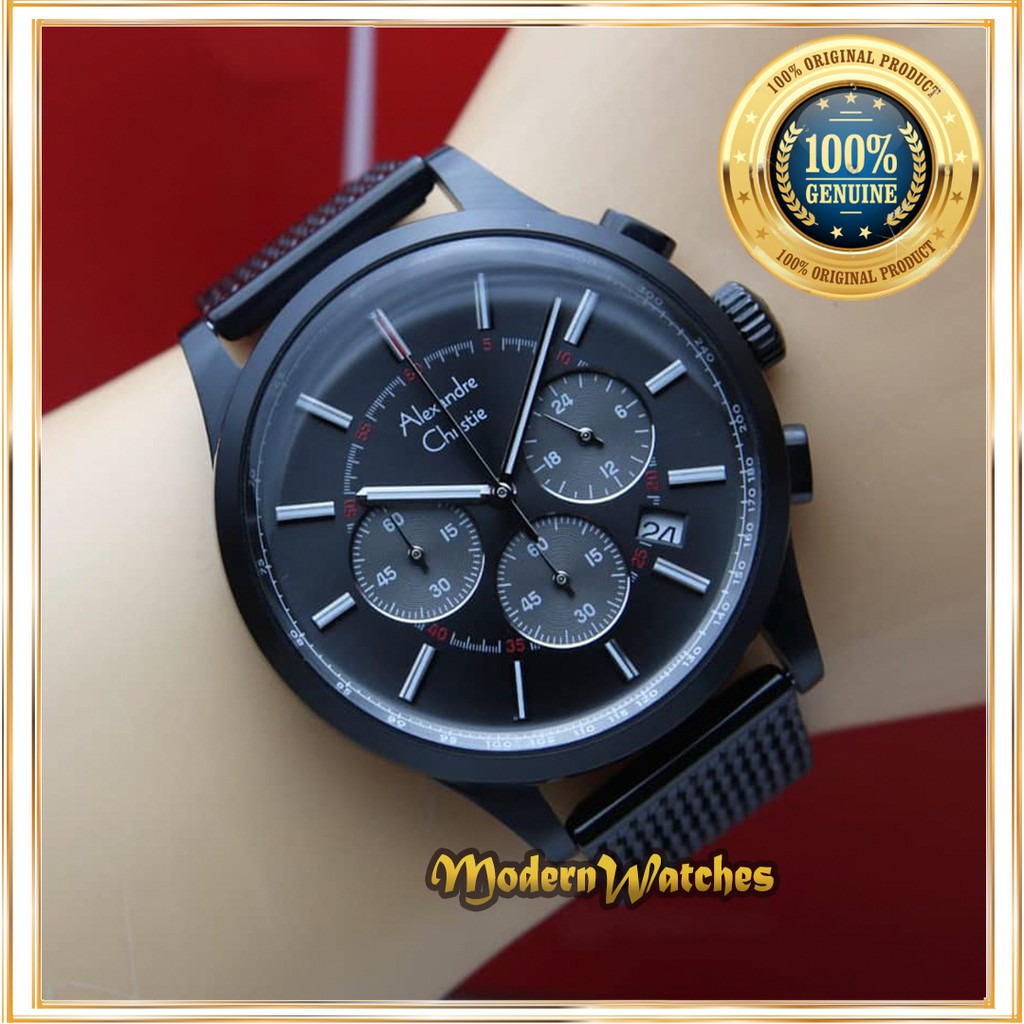 Jam Tangan Ori Pria Alexandre Christie Terbaru AC 6574 Full Black Hitam Rantai Pasir Sporty Cowok