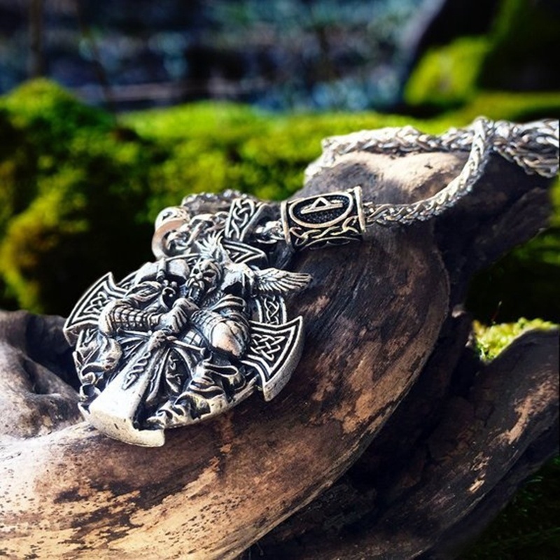 Kalung Liontin Jimat Odin Warrior Gaya Nordic Viking Untuk Pria