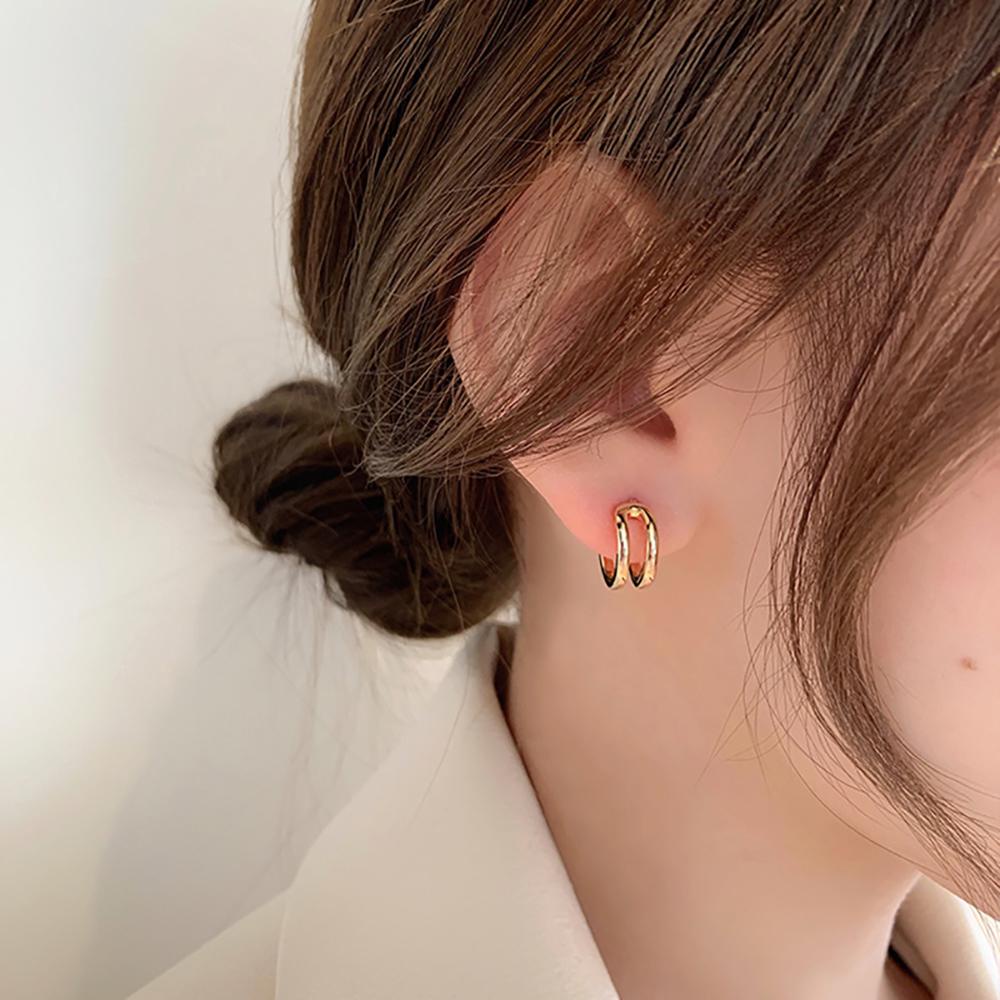 Needway  Trendy C Shaped Earrings Elegant Stud Earrings Hoop Earrings Tiny Korean Double Circle Alloy Retro Girl Fashion Jewelry/Multicolor