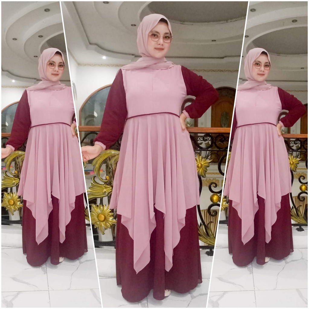 gamis ceruty rempel kombinasi /gamis syarii ceruty bebydoll umpak /gamis ceruty susun terbaru/abaya modern