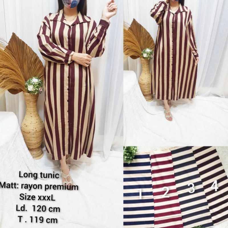LONG TUNIK MOTIF SALUR/TUNIK KEMEJA BAHAN RAYON/SEMI GAMIS