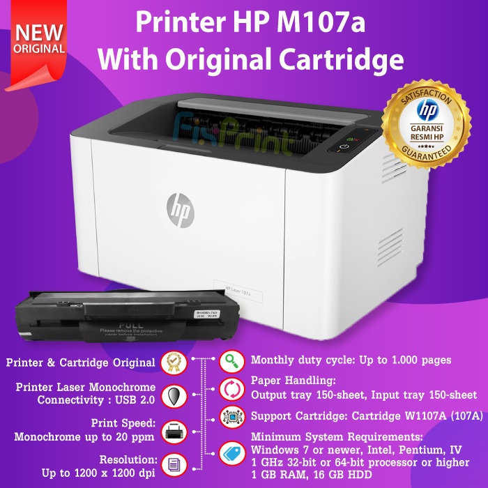 4ZB77A  Printer HP M107a Black LaserJet Monochrome With Toner Cartridge 107A HP 107 A