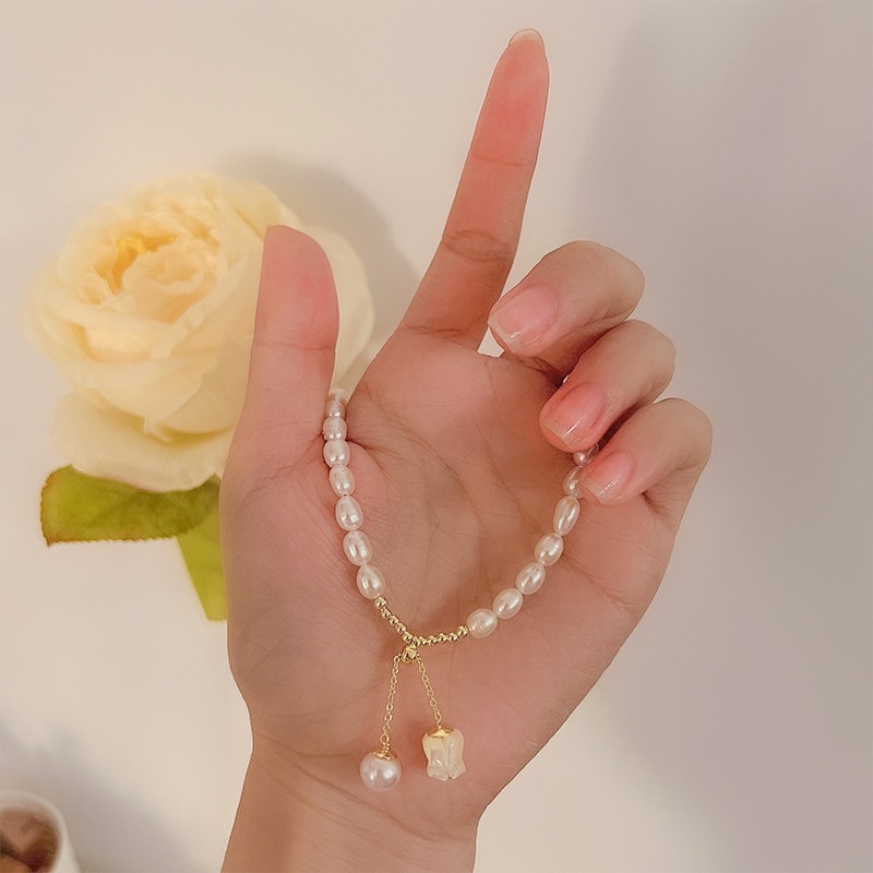 Kalung Gelang Manik-Manik Mutiara Desain Bunga Anggrek Lily Warna Permen Untuk Wanita