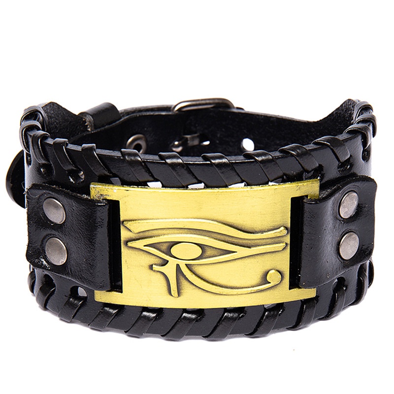 [Z H Perhiasan] Hip Hop Rock Retro Pria Fashion Stainless Steel Viking Horus Mata Rune Gelang Kulit Pesta Perhiasan Aksesoris