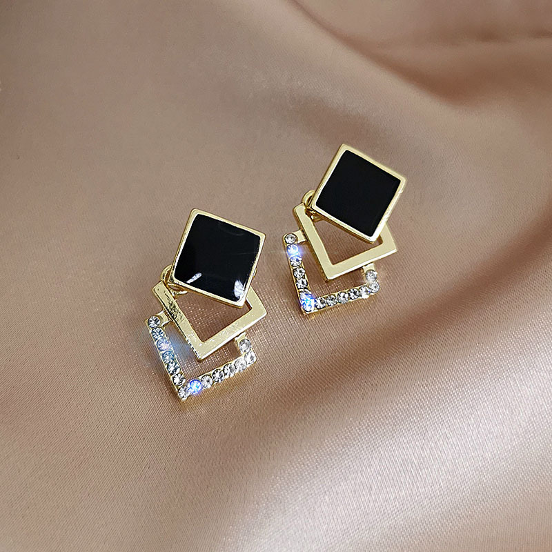 Anting Tusuk Gantung Desain Geometri Hias Berlian Imitasi Gaya Simple Untuk Wanita