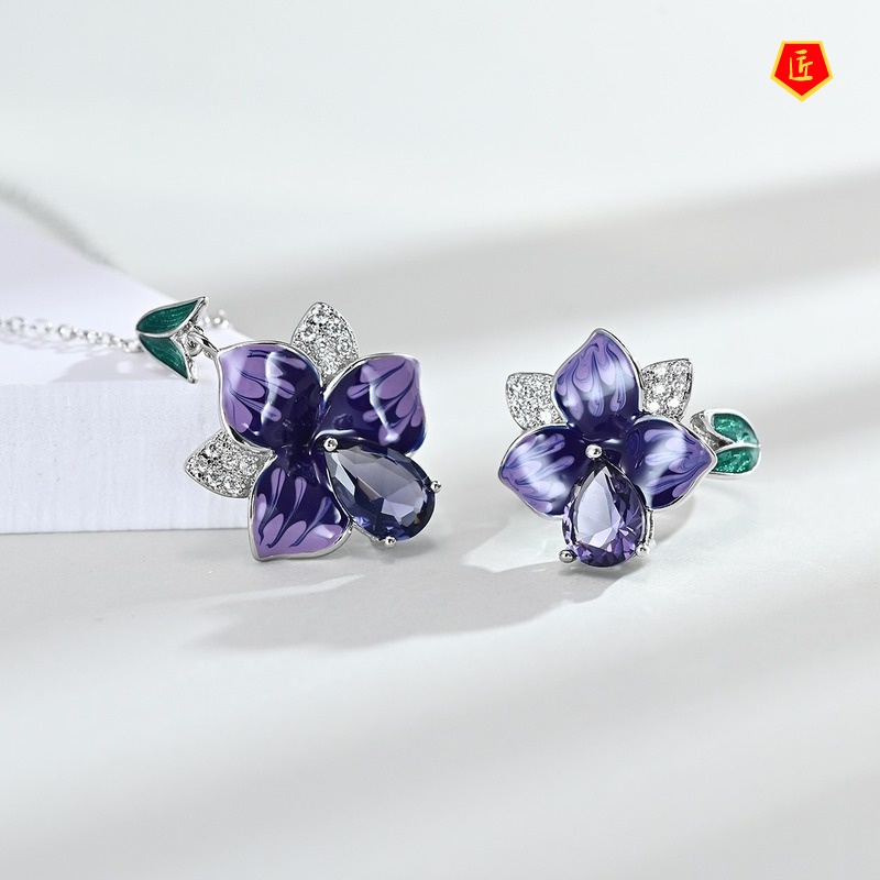 [Ready Stock]Dark Purple Flower Earring Ring Necklace Set for Women