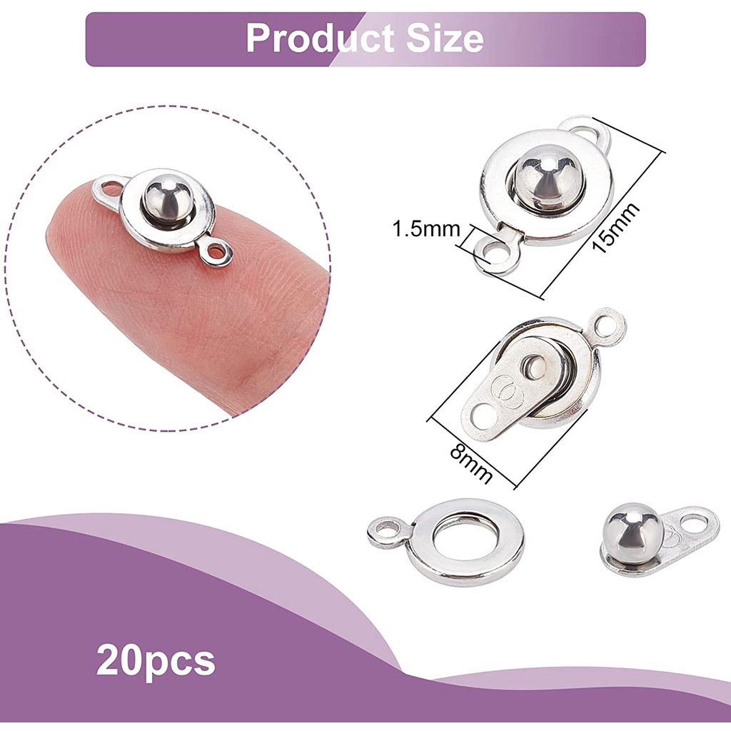 Benecreat 20pcs 304jepit Snap Stainless Steel, Snap Button Fastener Clasp Stainless Steel Untuk Kalung Gelang DIY Craft