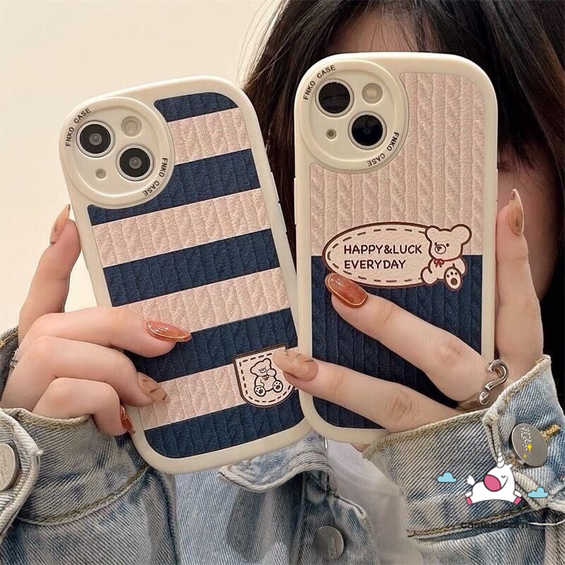 Case Realme C55 C53 C21Y C12 C31 C35 C30 C15 C25 C25s C25Y C11 C17 C20 C3 C21 GT 10 Pro Plus 8i 6i 5 5i 9i 7i 6 8 8pro Motif Rajut Beruang Kartun Lucu Garis Splicing Lembut Cove