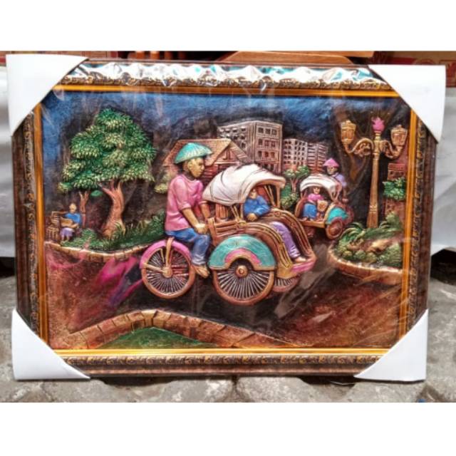 (BISA COD) LUKISAN TIMBUL GAMBAR BECAK JOGJA UKURAN 42x32 cm - PAJANGAN DEKORASI RUMAH