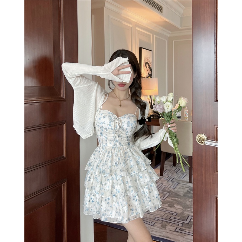 Mini Dress Sling Dress Bahasa Perancis Lembut Floral Peri Rok Musim Panas Desain Pinggang Kecil Puff