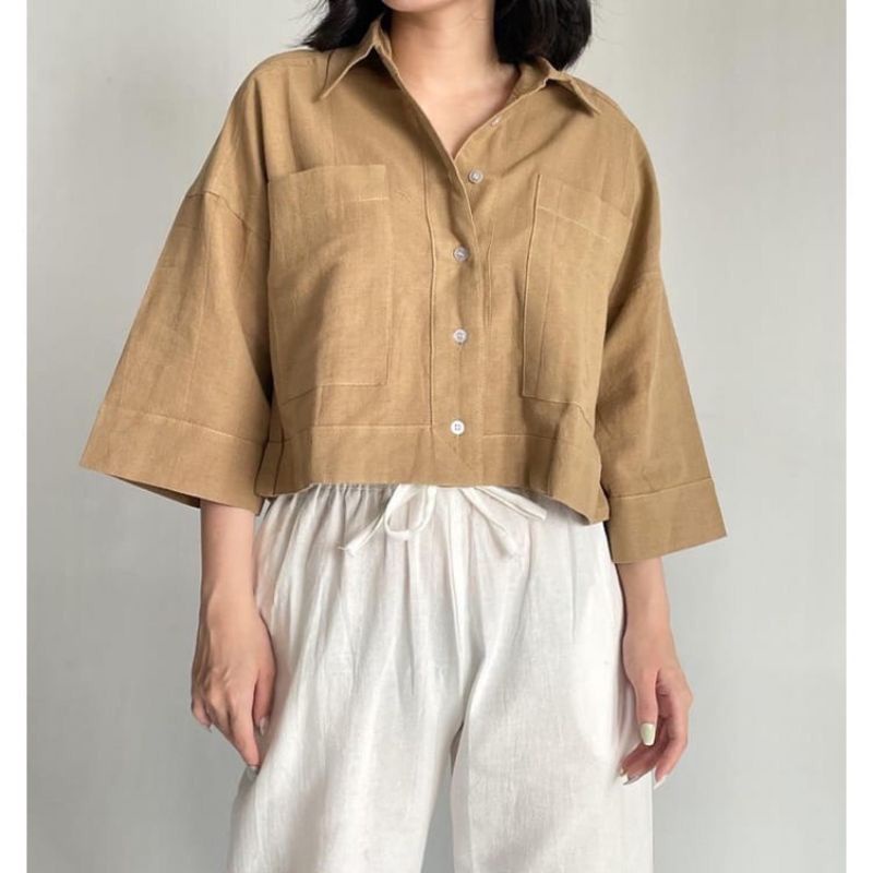 kemeja crop top linen kekinian best seller outer linen atasan wanita busui full kancing hidup