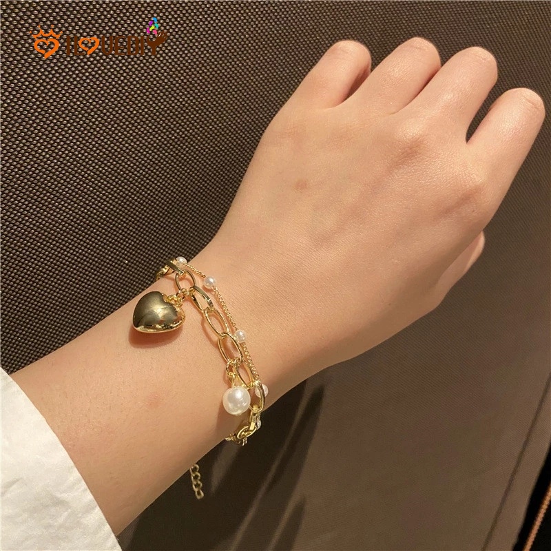 Gelang Mutiara Double Layer Bentuk Hati Gaya Korea Bohemian Untuk Wanita