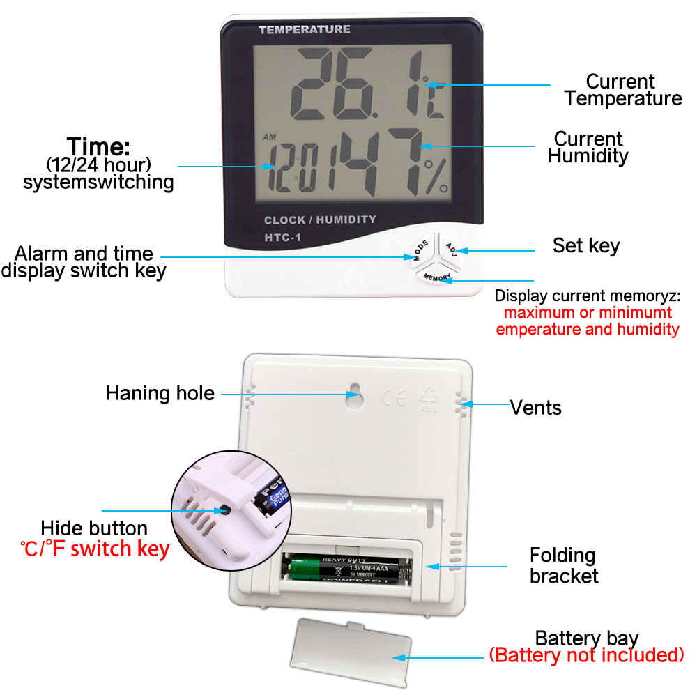 HTC-1/HTC-2 Higrometer In/Out Hygrometer/Termometer/Clock/Alat Cek Suhu Ruangan