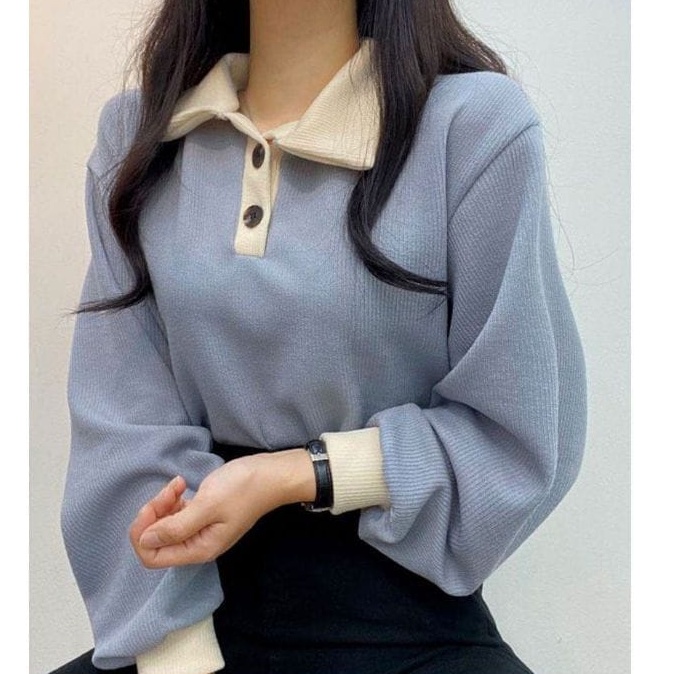 COLLAR GIRL SWEATER WANITA OVERSIZE - CREWNECK WANITA OVERSIZE - SWEATER KERAH MODEL KANCING