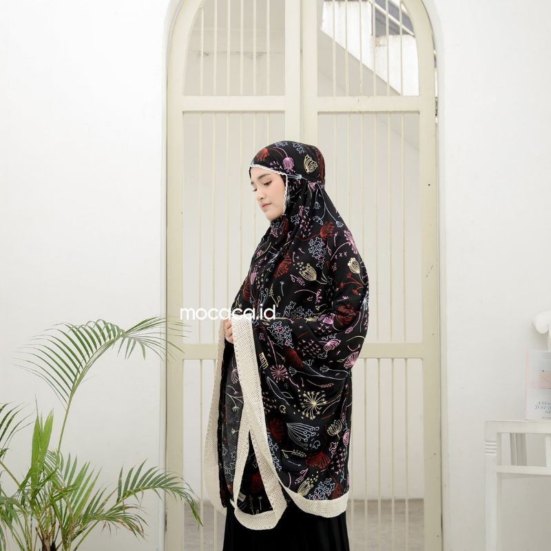 Mukena Dewasa Jumbo 2 in 1 Kayana Motif Bahan Rayon Premium Jatuh Adem Ponco Pouch Tas Sleting Hitam