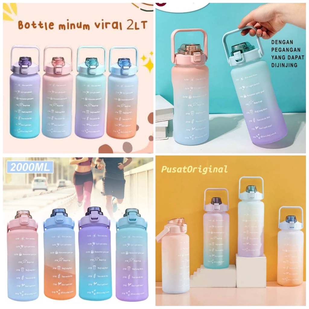 Botol Minum Motivasi Jumbo Ala Korea Motif Rainbow Dengan Stiker Waktu Kap 2L