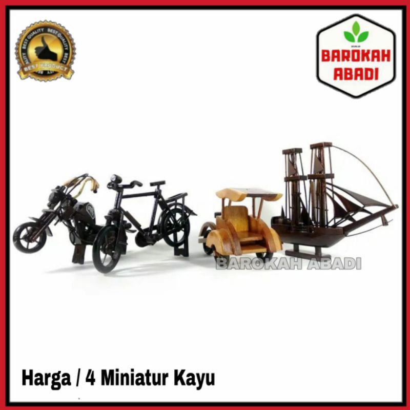 Paket isi 4 pcs - Miniatur dari kayu Harley Sepeda Onthel Becak Kapal Pinisi