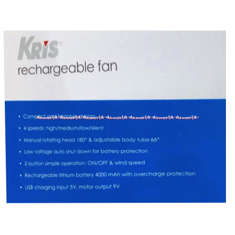 Kris Table Fan Swing White Kipas Angin Meja Portable Rechargeable 5watt Putih