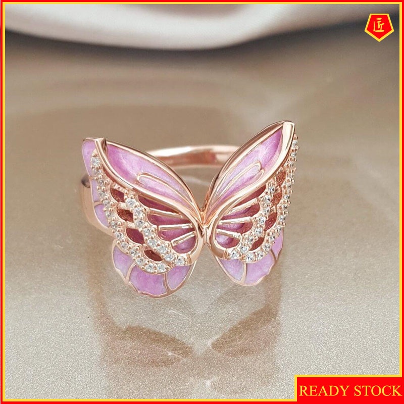 [Ready Stock]Diamond Pink Butterfly Ring 18K Rose Gold Simple Sweet