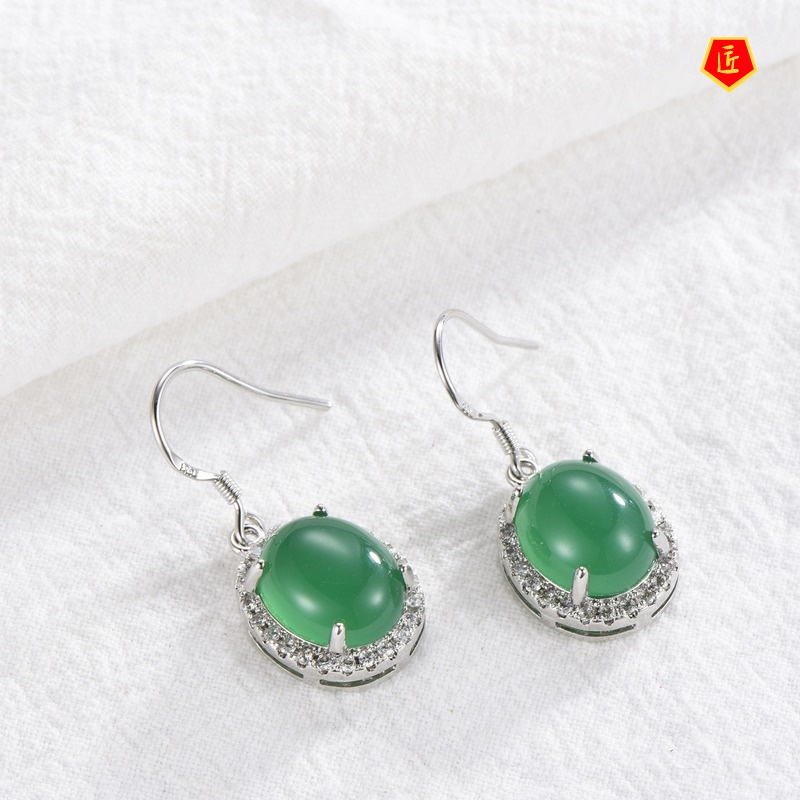 [Ready Stock]S925 Silver Jade Agate Earrings Vintage Full Diamond