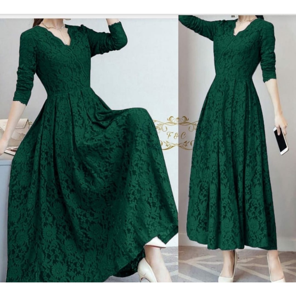 2 UKURAN L XL DRESS PESTA CASSIE FASHION PAKAIAN WANITA GAMIS MAXY BAHAN BRUKAT FEHM