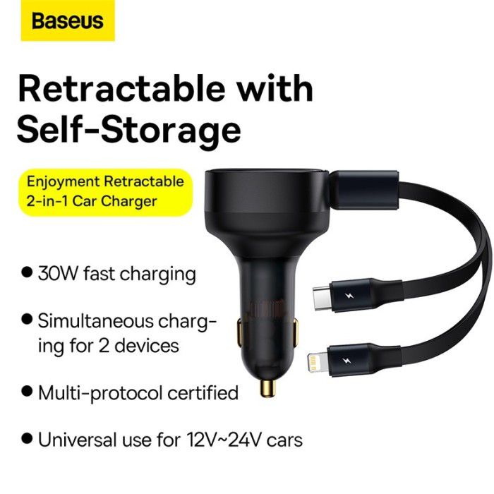 Baseus Car Charger 2 In 1 Cable Built In Type C 6 Lightning 30W Enjoyment Retractable Cable Max 75cm