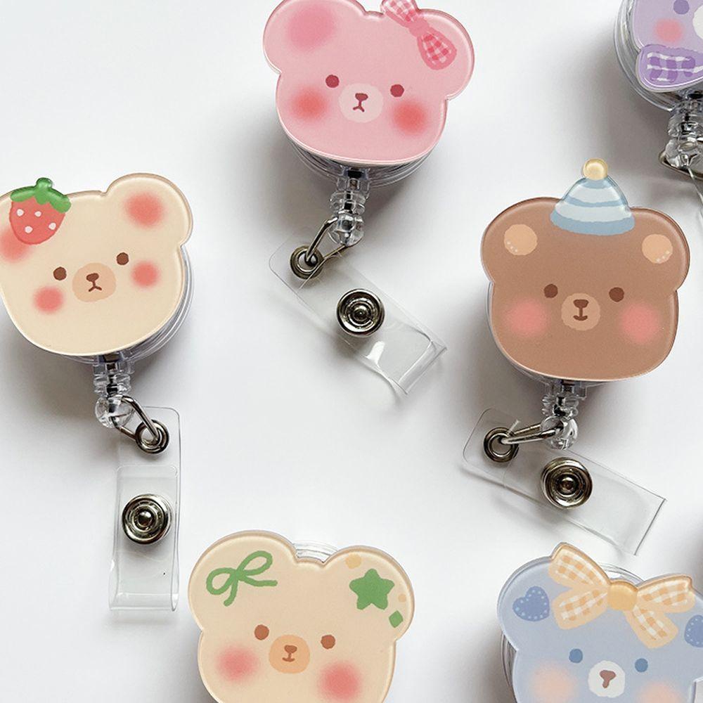 Mxbeauty Retractable Badge Reel Candy Color Kartun Korea Buah Name Tag Perlengkapan Kantor Perawat Dokter Perlengkapan Sekolah Stationery Bear Name Card Holder