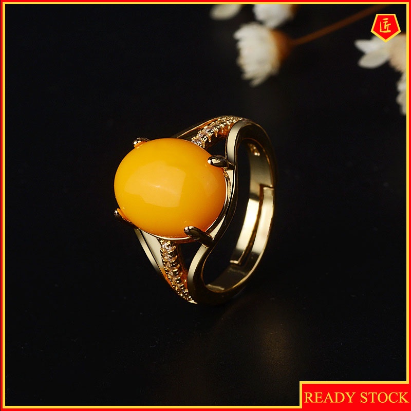 [Ready Stock]Fashion New 925 Silver Amber Ring Canary Stone Temperament Elegant Simple