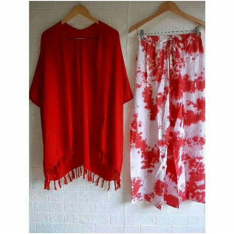 1 set cardigan polos dan celana tie dye