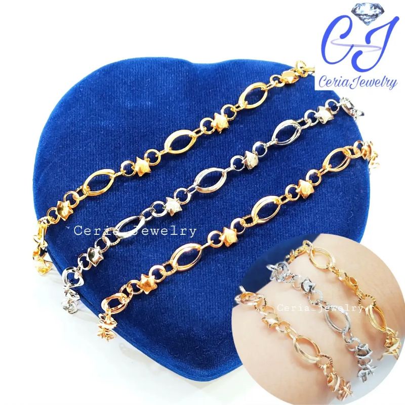 Gelang Perak Asli Silver 925 Lapis Emas Model Oval double Variasi Bintang - Perhiasan Perak Wanita