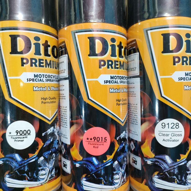 Pilok Paket Lengkap Cat Diton Premium Fluorescent Primer 9000 Fluorescent Red 9015 Clear Gloss 9128 400cc.. Pilok Paketan Lengkap Fluorescent Red Cat Semprot Diton Premium 400cc