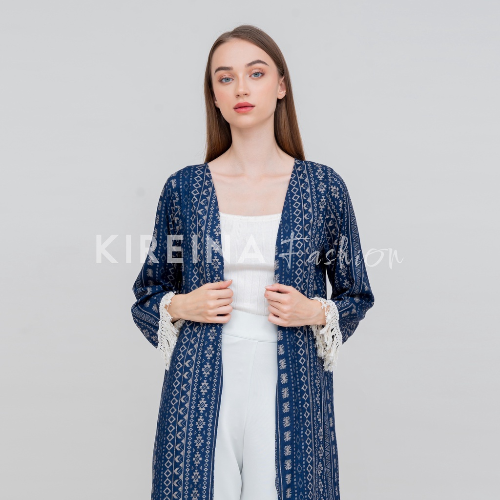 Cardigan Rumbai Putih Etnik Cardigan Bohemian Panjang Wanita | Kireina Fashion