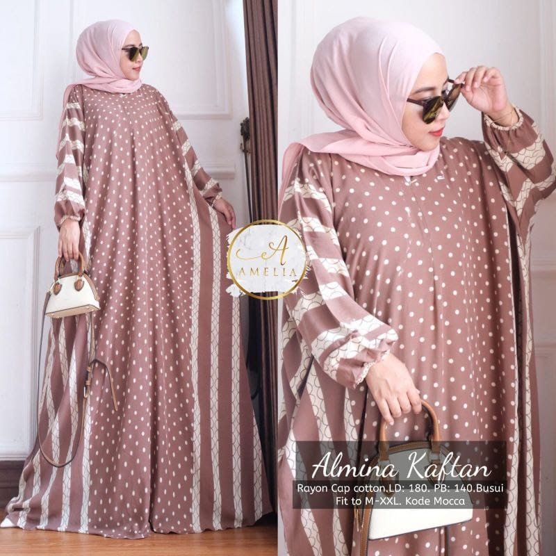 Kaftan Wanita - Almina Kaftan Jumbo XXXXL Motif Polkadiot Soft Color Busui Resleting Rayon Tebal Lengan Panjang / Gamis Rayon Jumbo Kaftan Terbaru