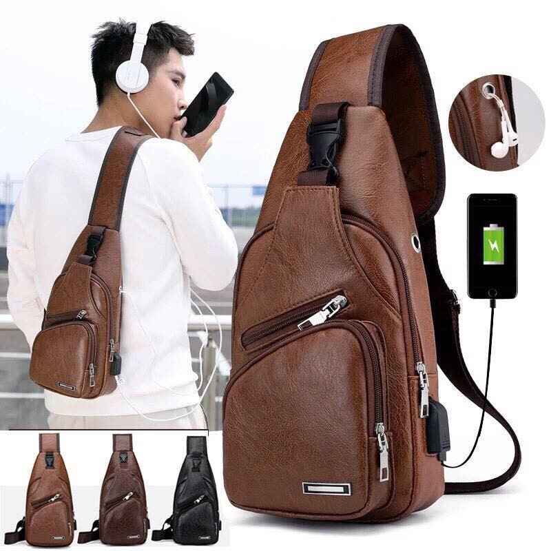 Tas Selempang Kulit Pria T17 Tas Hp/Tas Dada /Sling Bag Usb Kulit/Sling Bag Import