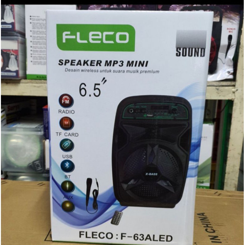 Speaker Bluetooth Karaoke Fleco F-63A/63Led uk.6'5inch Terbaru Free Mic+Remote Ngebass//Salon Aktif 
