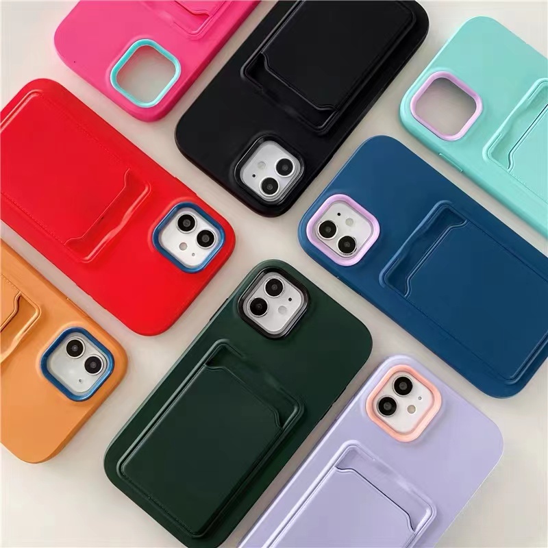 3in1 Warna Silicone Card Holder case Handphone IPhone 11 12 13 14 Pro max X XS Xr 7 8 Plus Sarung case shockproof