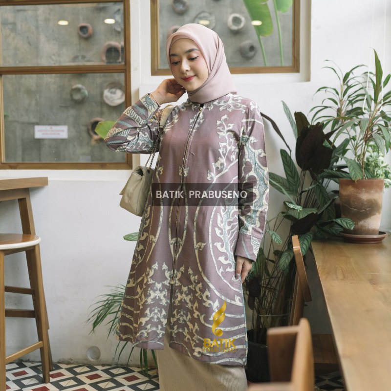 Batik Prabuseno | Sahiba Ungu Tunik Batik Katun Wanita Resleting Depan