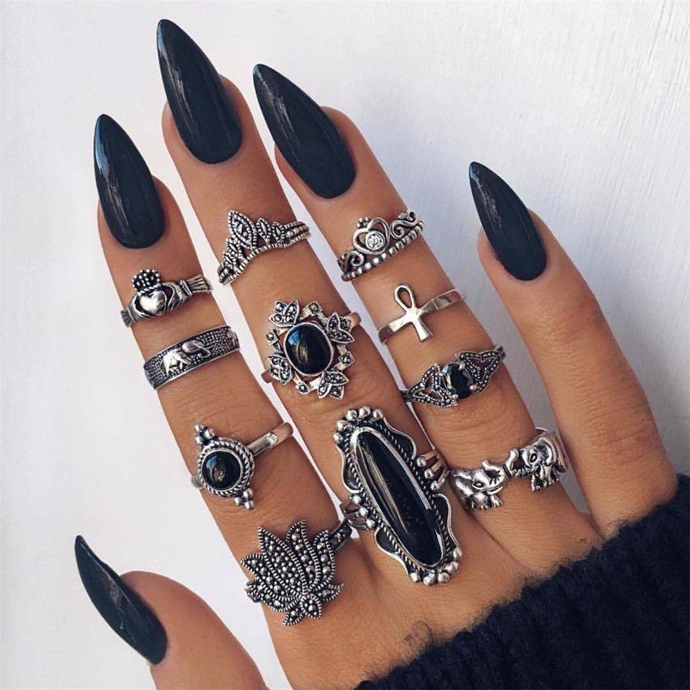 Preva 11pcs/Set Cincin Wanita Set Punk Pernikahan Batu Hitam Gaya Gothic