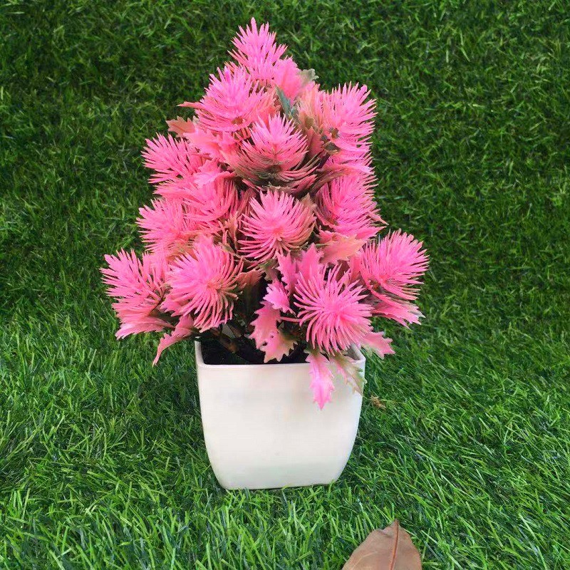 Pinus Rumput Bunga Plastik Pot Tanaman Simulasi Tanaman Hijau Kecil Pot-Pink