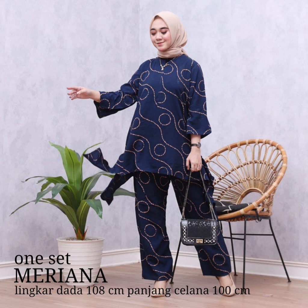 Meriana Set - One Set Wanita Rayon Premium Setelan Wanita Batik Lengan 7/8 Set Celana Kekinian LD 108 cm