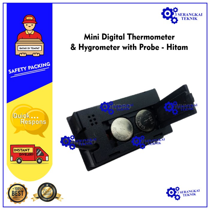 Mini Digital Thermometer &amp; Hygrometer with Probe - Hitam