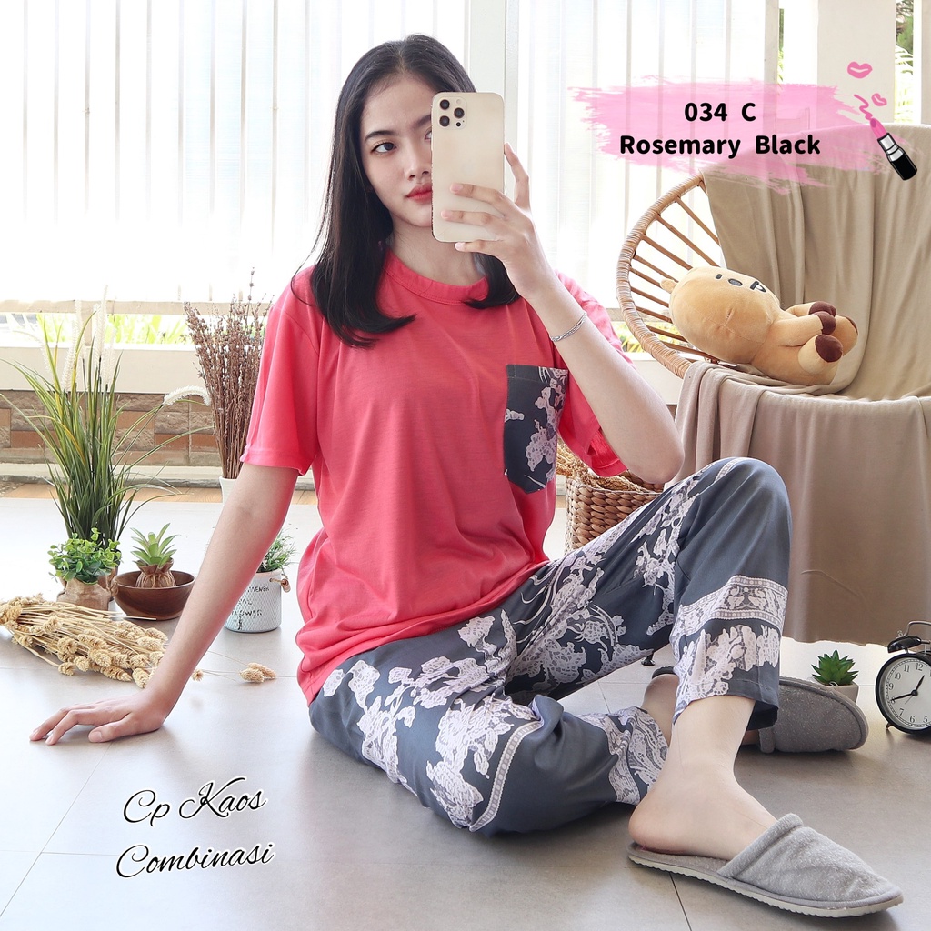IZANY Piyama Dewasa CP Oblong Kaos Celana Panjang Rayon Fit to XL-034 ROSEMARY BLACK