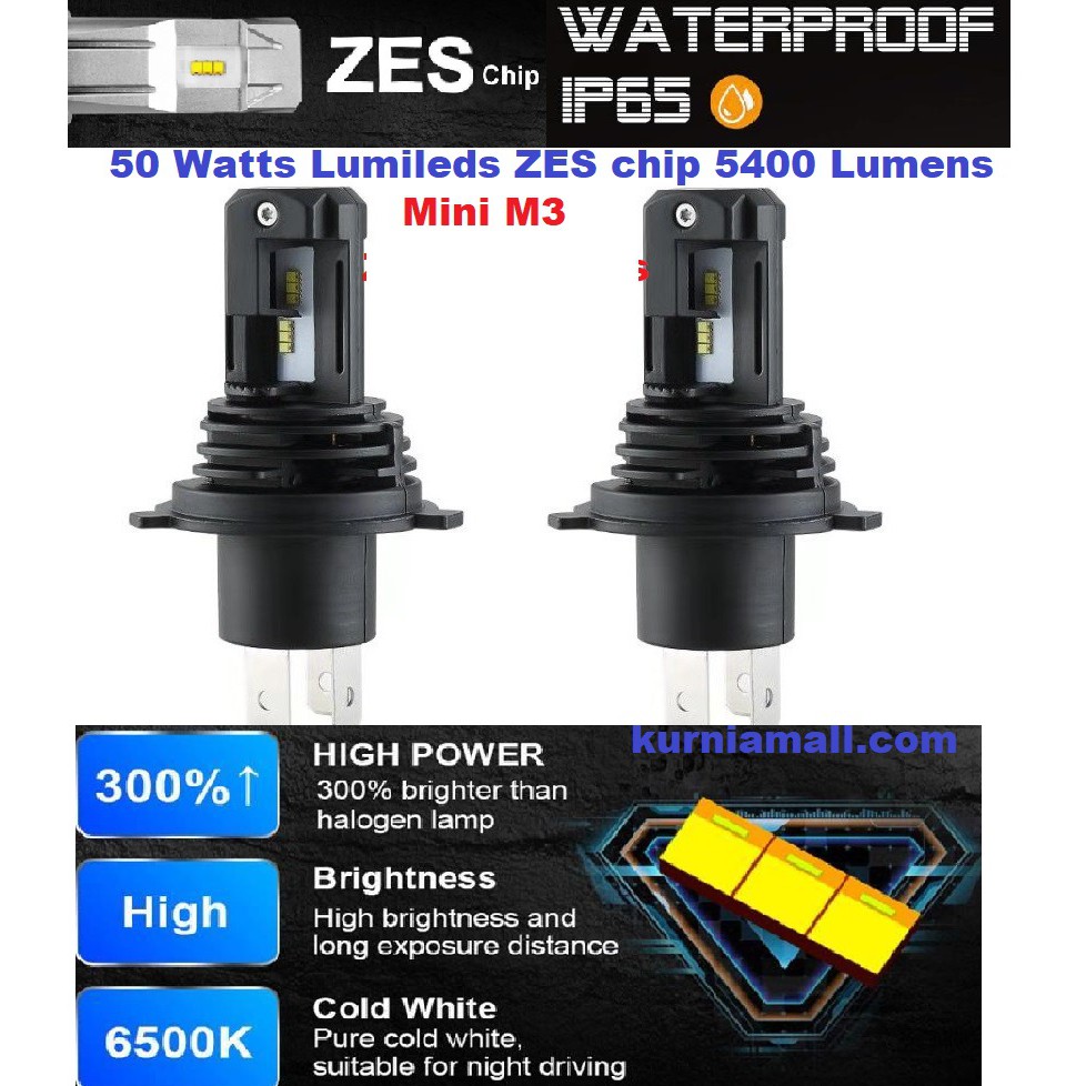 Lampu Utama mobil M3 H4 Mini LED 50 watt 10800 lumens  ZES LED HEADLIGHTS Putih  2pcs