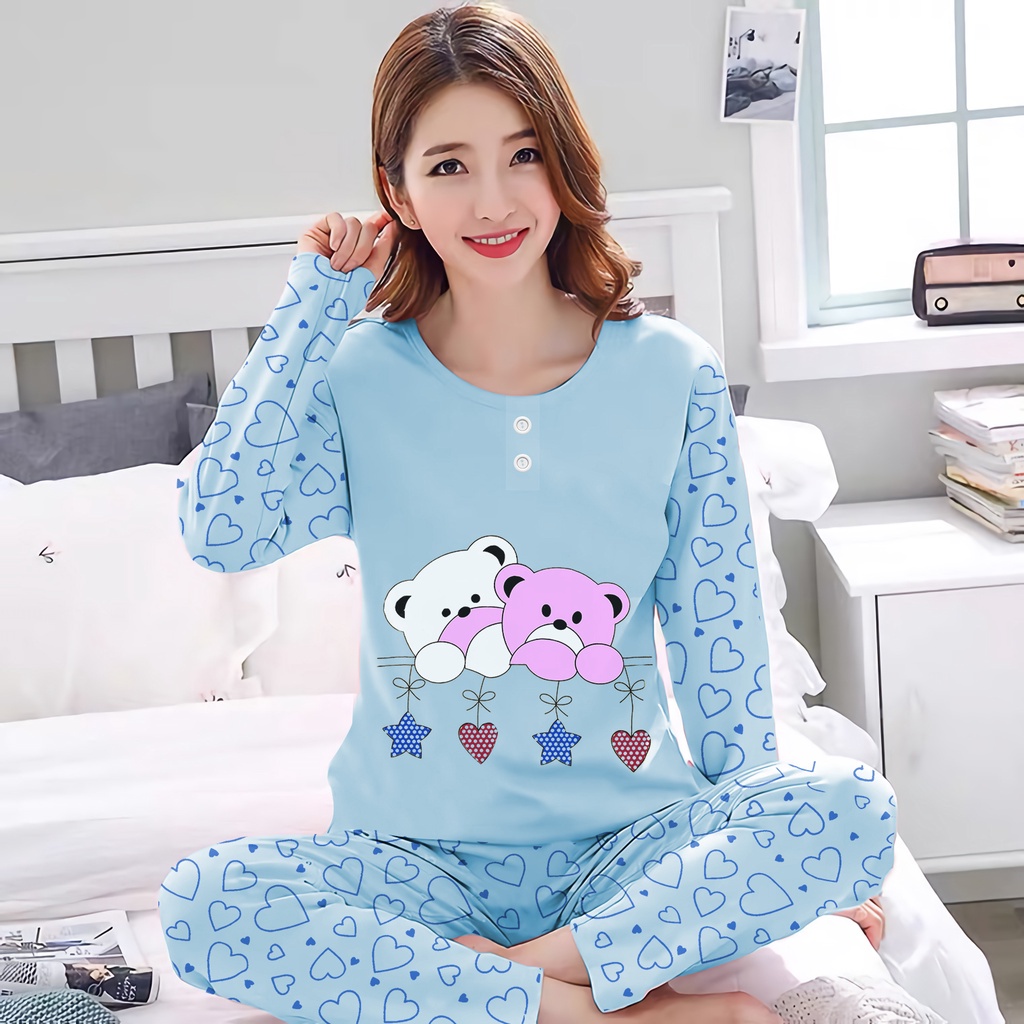 Lilipop.id  Baju Tidur Wanita Twin Bear Celana Panjang PP Allsize Lengan Panjang Baby Doll Bahan Kaos Dewasa