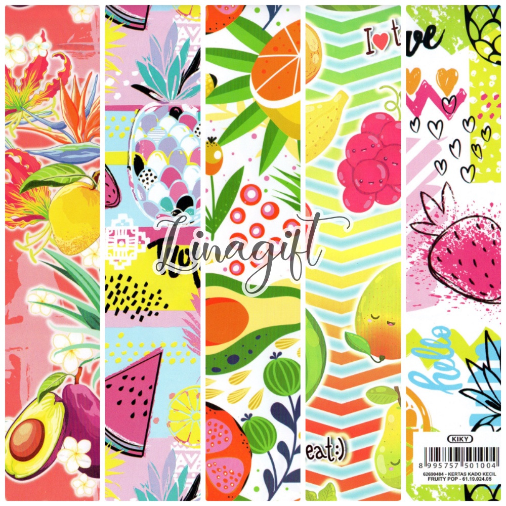 ( 5 Lembar ) FRUITY POP KIKY - KERTAS KADO  BUAH BUAH - GIFT WRAPPING PAPER PINEAPPLE / APPLE / FRUIT / TROPICAL