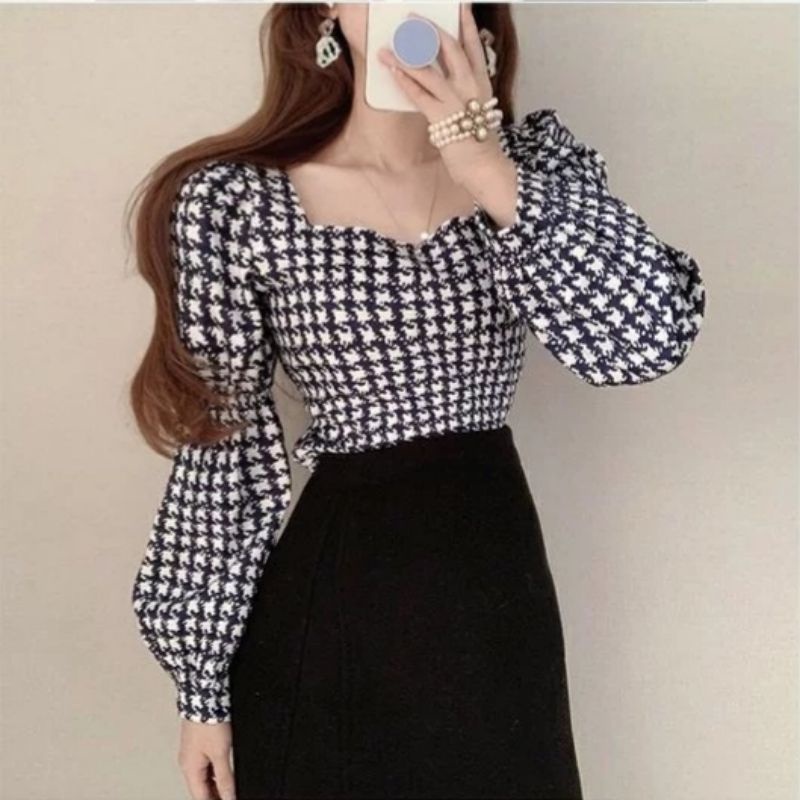 MDLV ~ 2657# Royal Smocked Top Atasan Blouse Houndstooth Fashion Import