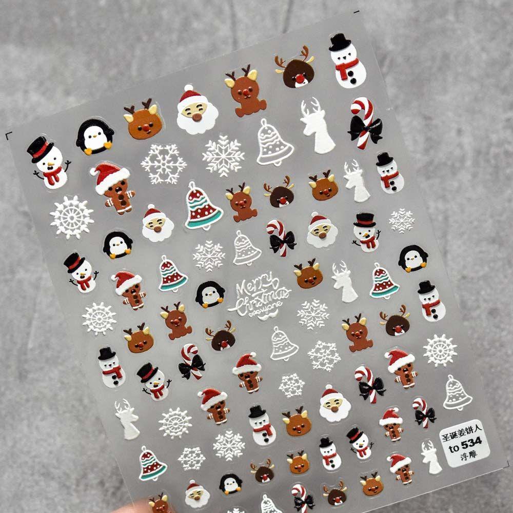 AUGUSTINA Agustina Stiker Kuku Natal Beruang Perekat Diri Elk Santa Claus Gingerbread Cookies Nail Art Dekorasi