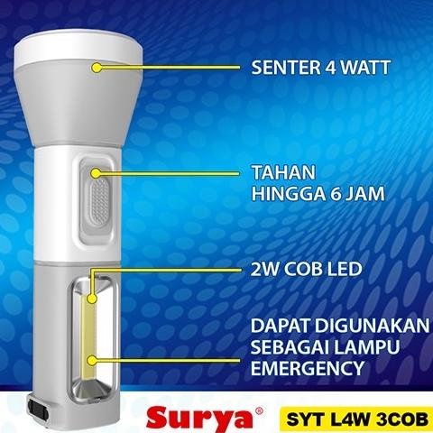 SURYA Senter Tangan Led Cas Isi Ulang Kecil Super Led 4w 3 Cob SYT 4W 3Cob