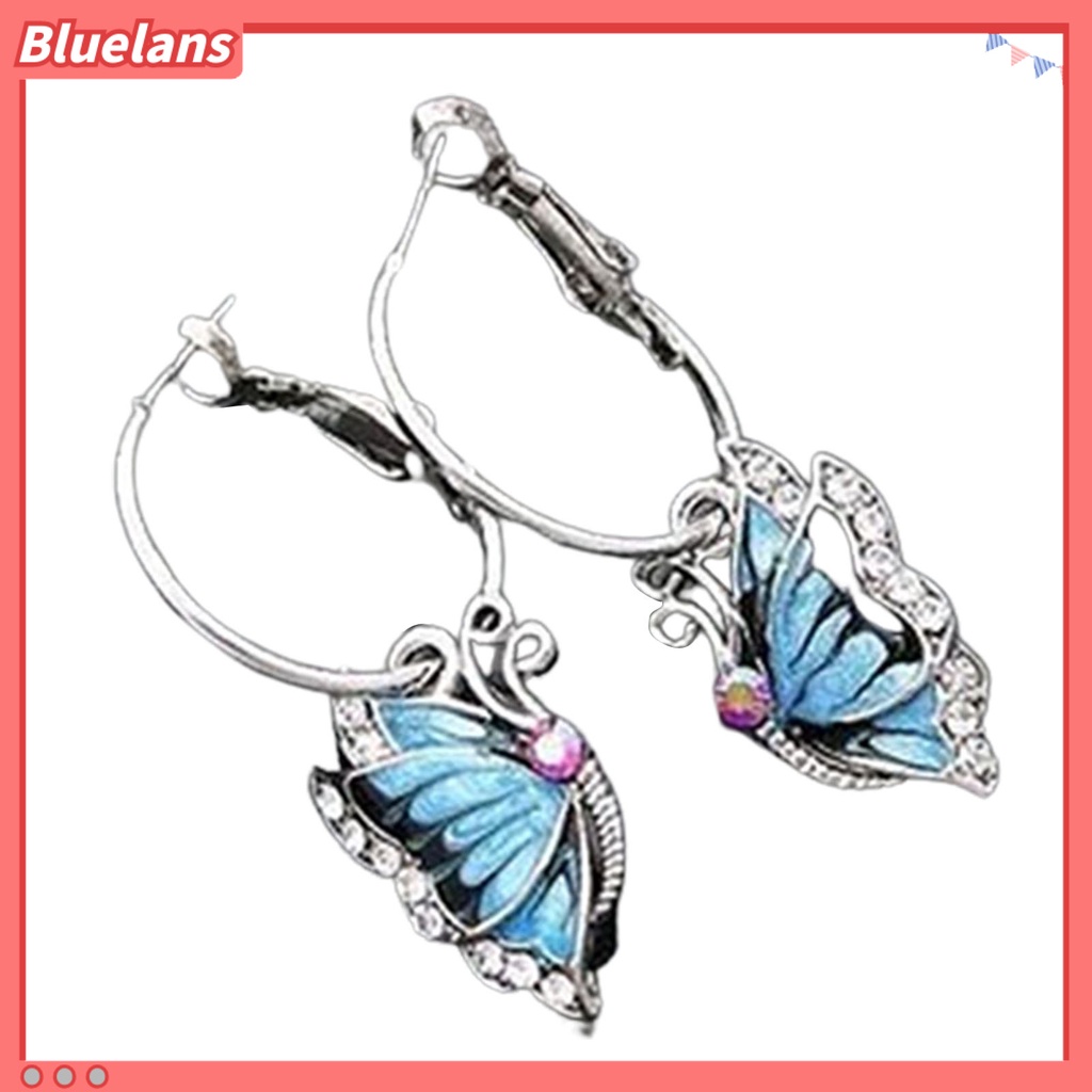 Bluelans Women 1Pair Blue Crystal Rhinestone Enamel Butterfly Dangle Hoop Earrings Earbob