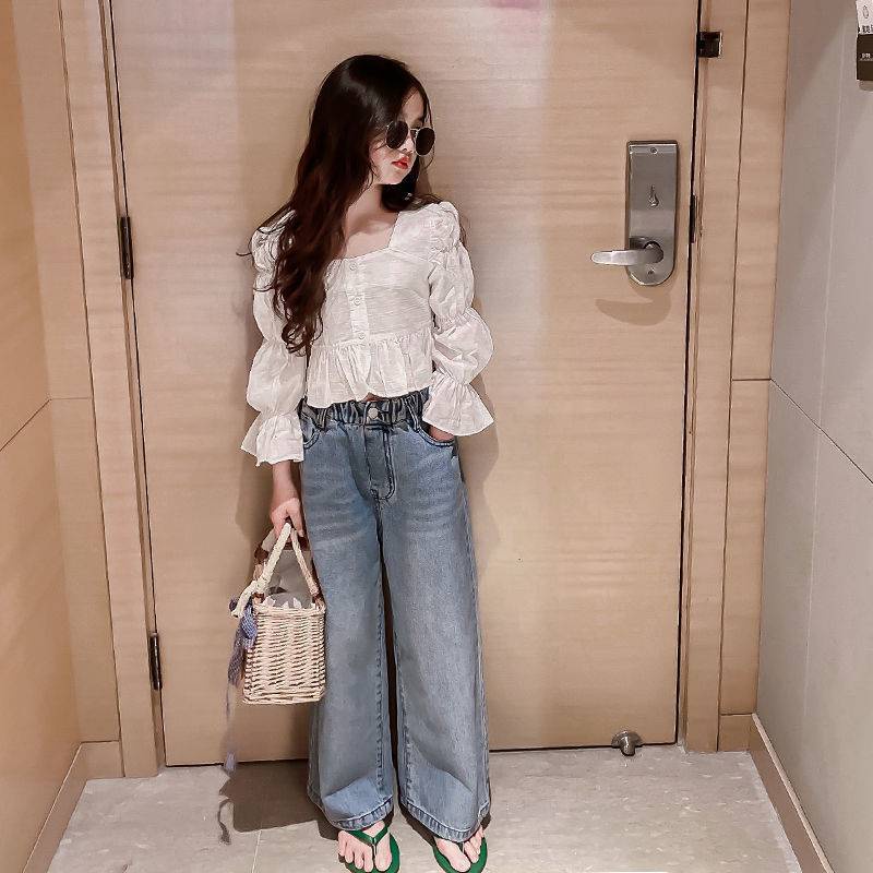 [meandboss] SSP24- Setelan Set Anak Besar Teenager Remaja Perempuan Puffy Blouse + Jeans Straight Cut